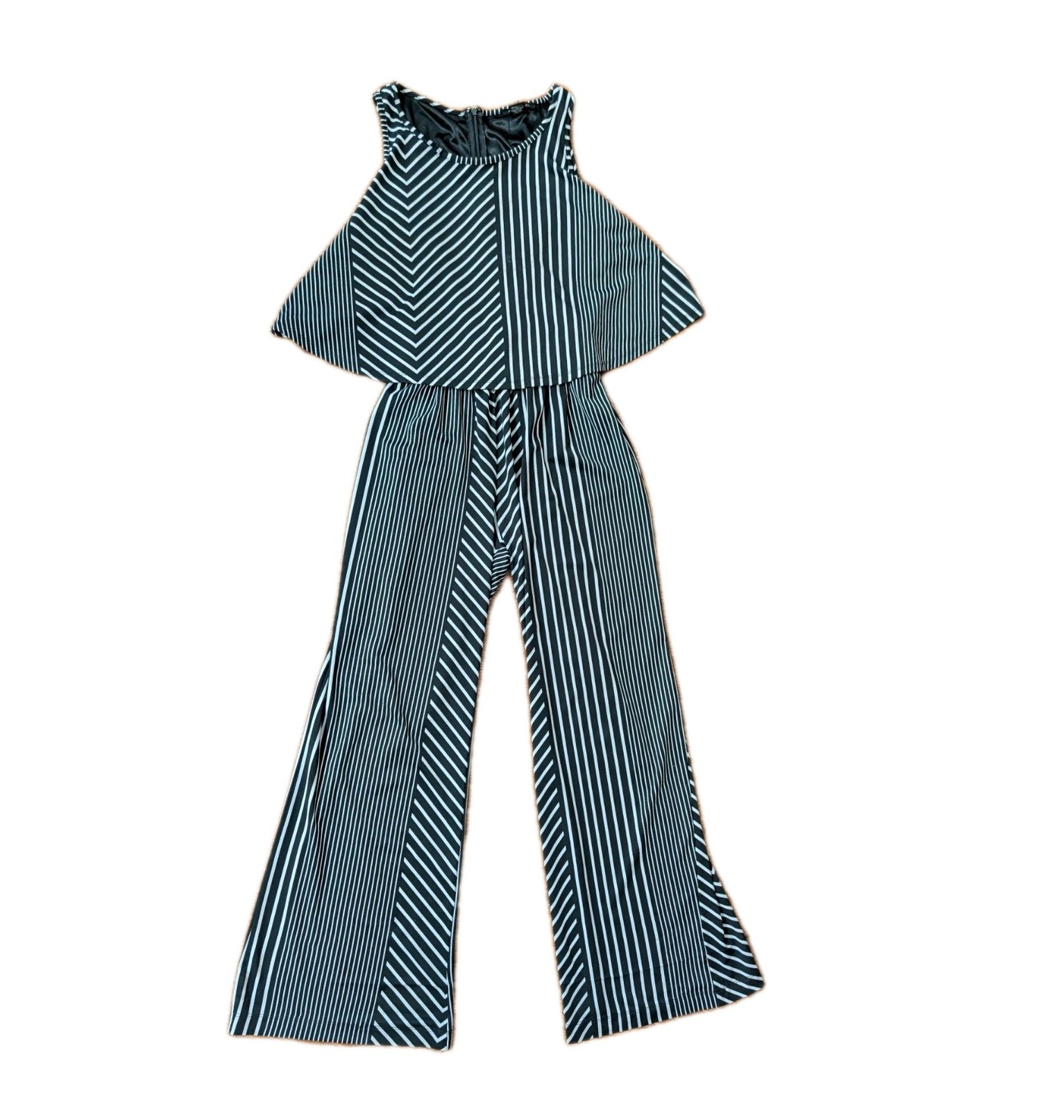 Robert Louis Jumpsuit Black White Striped Sz M Slvls Stretch 2 Pc Look Packable