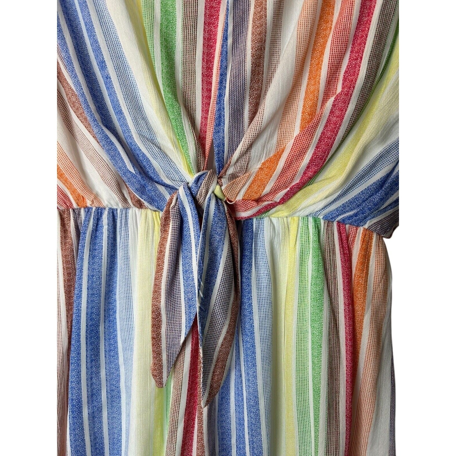 She + Sky Romper Size L Multicolor Rainbow Striped Short Sleeve Open Back V-Neck