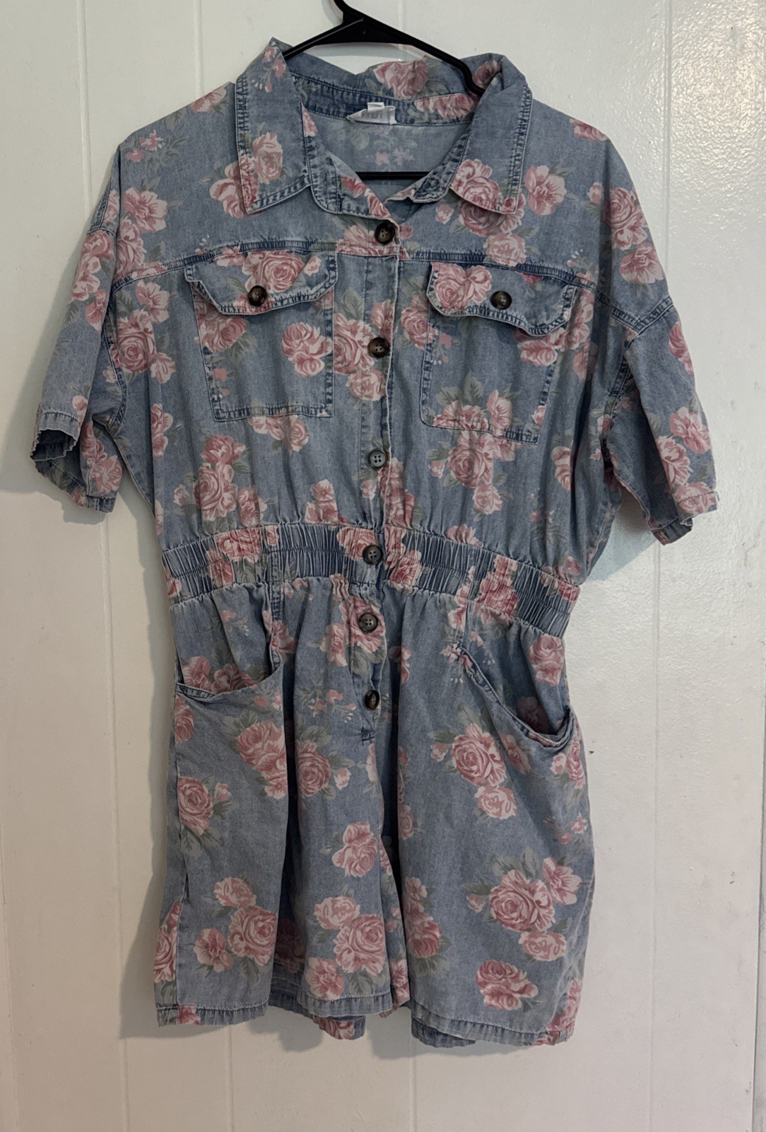 Bibi Women’s Large 100% Cotton Denim & Roses Button Up Romper With Cinched Waist