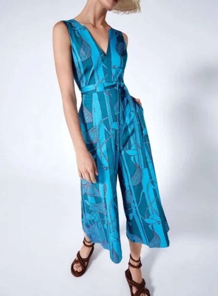 Alexis Cerelia Abstract Floral Jumpsuit Blue Green Wide Leg Cropped Sleeveless S