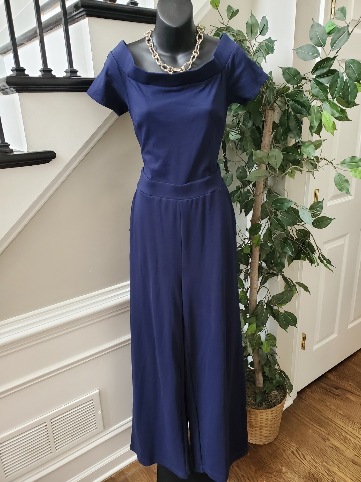 New York & Company Women’s Blue Solid Cotton Off The Shoulder Jumpsuit Size M