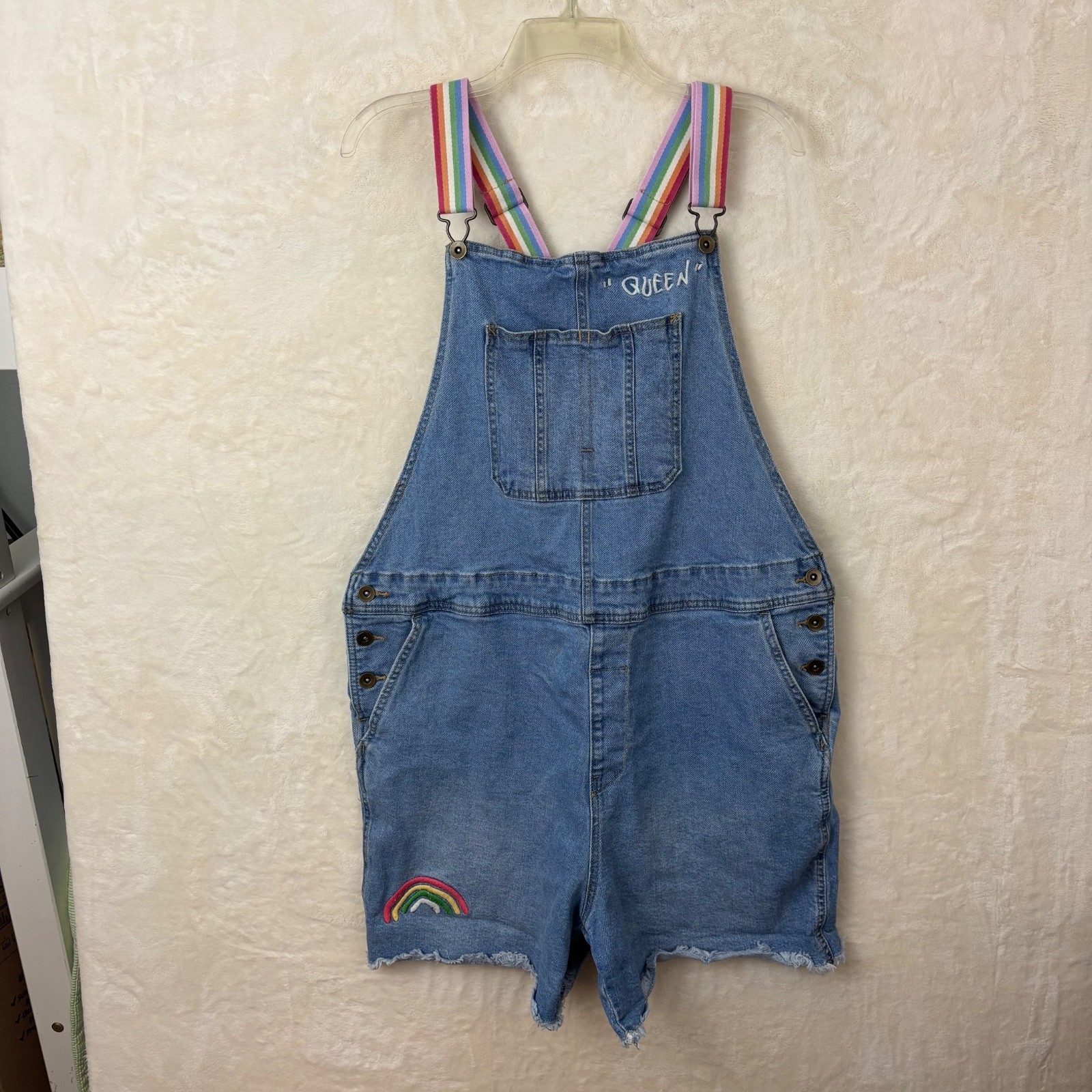 Womens Bib Denim Shortalls Rainbow Straps & Embroidery Cut-Off Fray Hem Size XXL