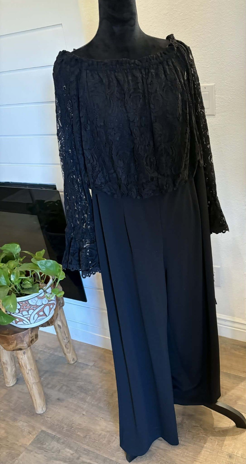 Adrianna Papell Off Shoulder Jumpsuit Size 16W In Black Lace Top Crepe Pant NWT
