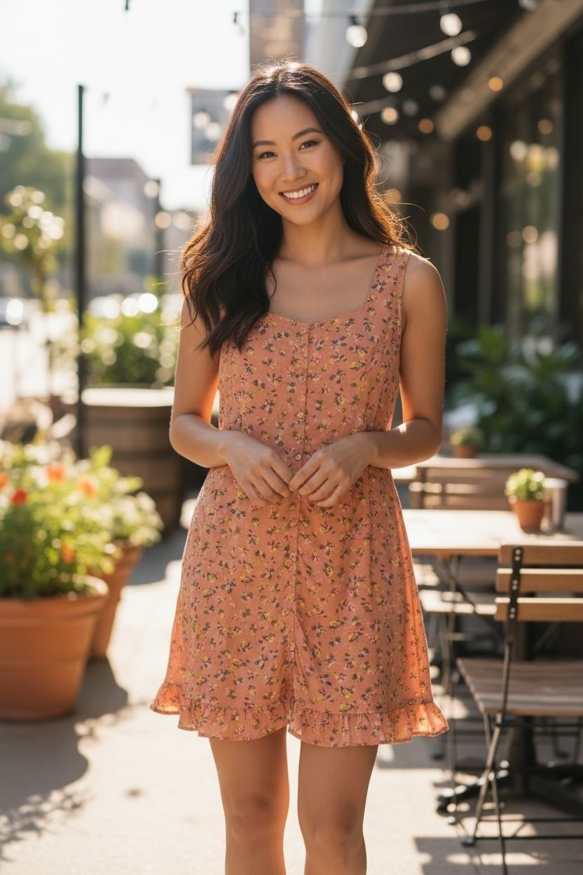 BP Sleeveless Floral Peach Mini Dress Romper With Ruffle Hem & Back Tie Size MED
