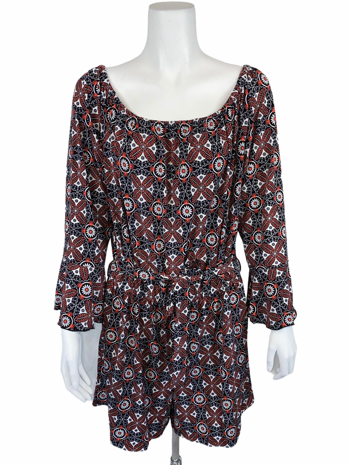 Du Jour Women’s Off the Shoulder Printed Romper w/ Tie Waist Black X-Large Size