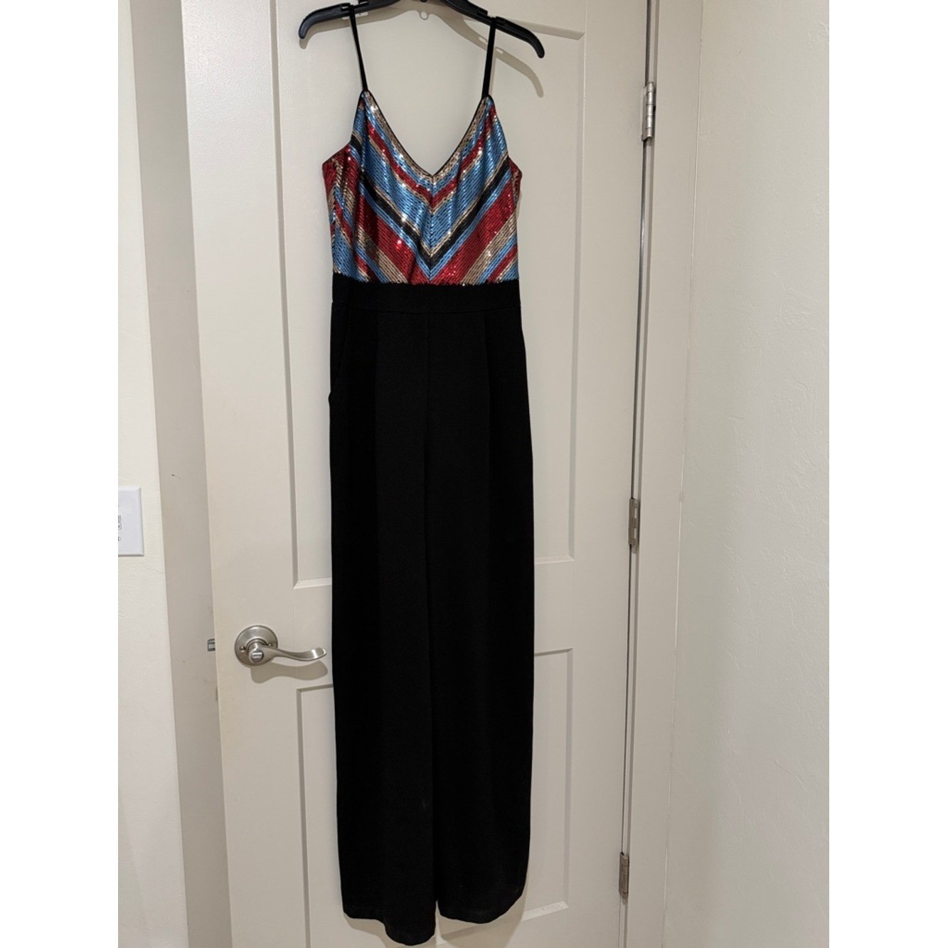 June & Hudson NWT Rainbow Sequin Chevron Wide Leg Jumpsuit Size L