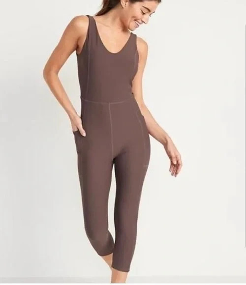 OLD NAVY POWERSOFT GO-DRY WOMENS LARGE PETITE BROWN EXERCISE POCKET JUMPSUIT