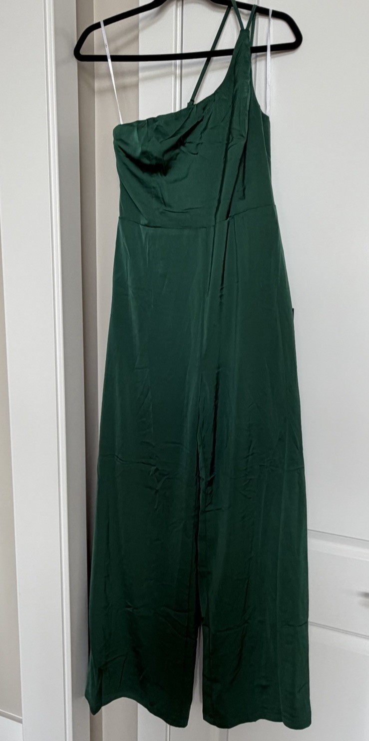 Lulus Flirty Femme Emerald Green Satin One-Shoulder Jumpsuit Wide Leg Large NWT