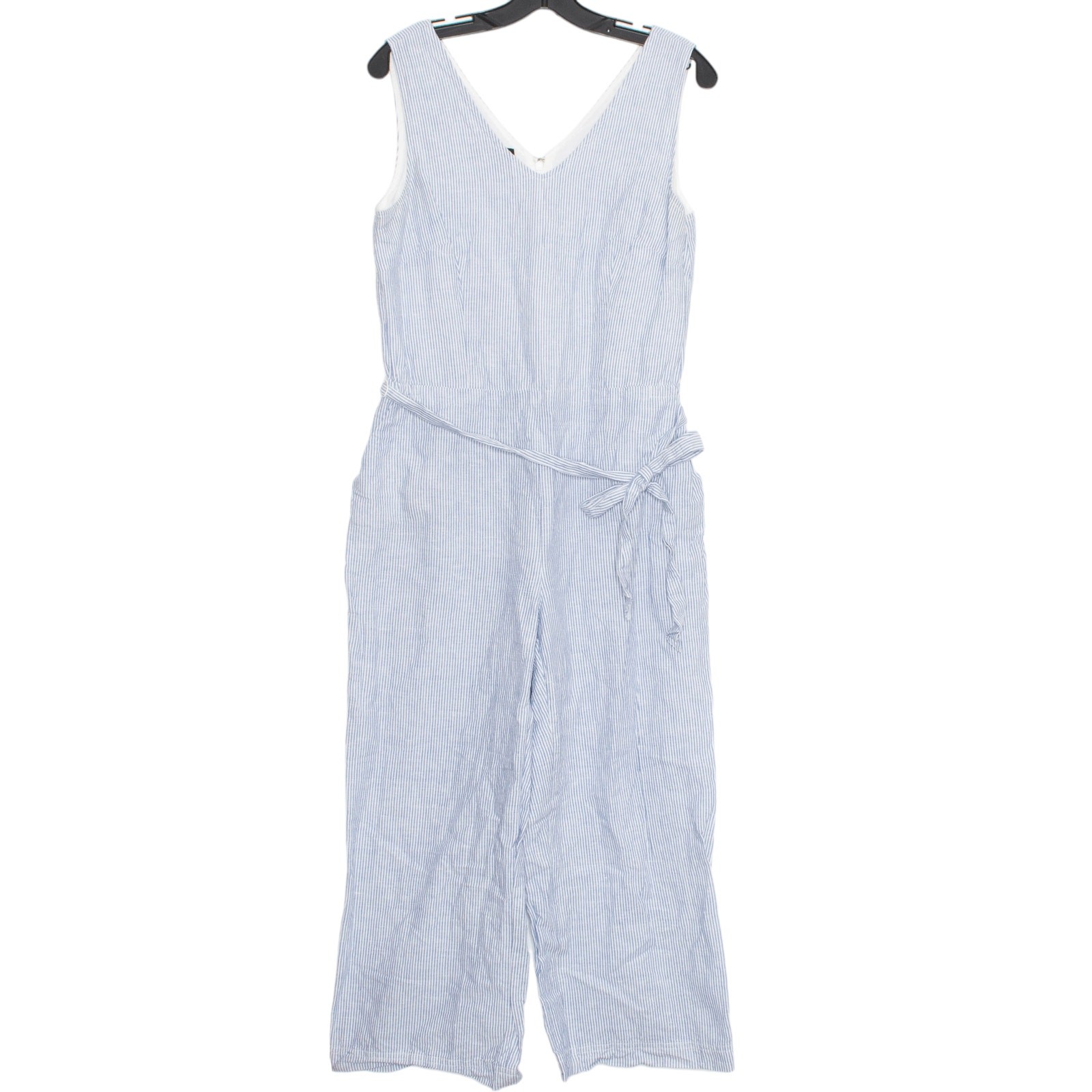 Talbots Jumpsuit Linen Minimalist Sleeveless Casual Wide Leg Tie Stripe Blue 8