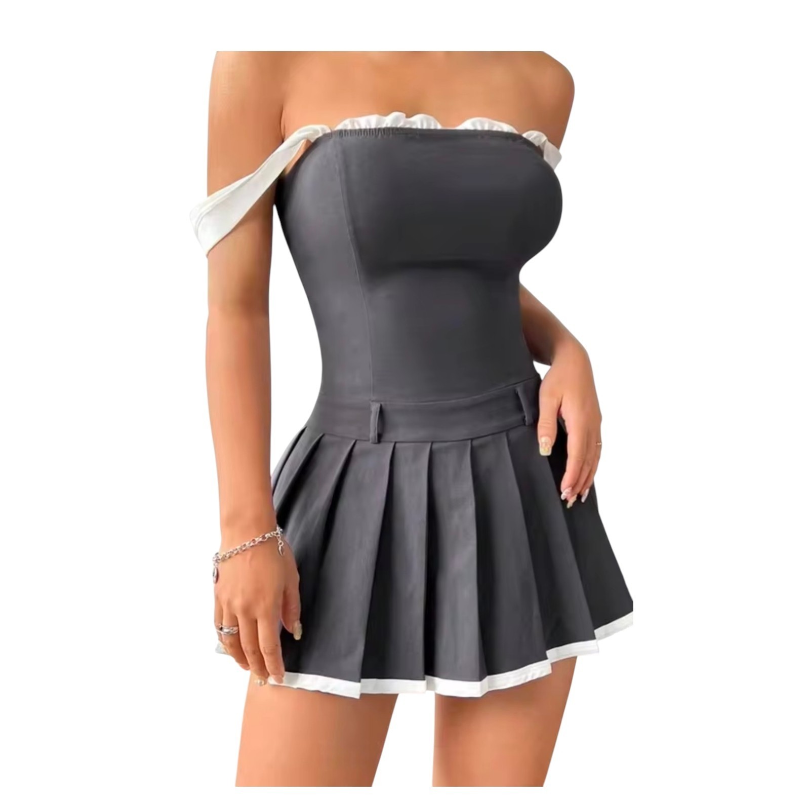 Pleated Skirt Romper Mini Dress Stretch Drop Waist Body Con Sleeveless Ruffle
