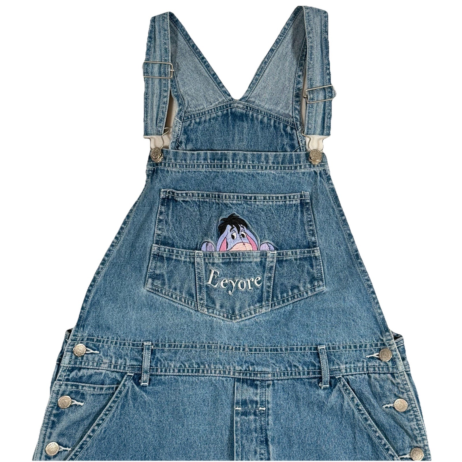Women’s Vtg Disney Eeyore Denim Bib Overalls Sz L Winnie The Pooh Y2K