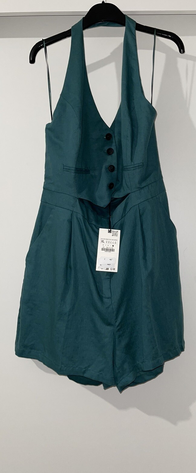 ZARA GREEN LINEN COTTON BLEND V-NECK WAISTCOAT PLAYSUIT JUMPSUIT SIZE XL BNWT