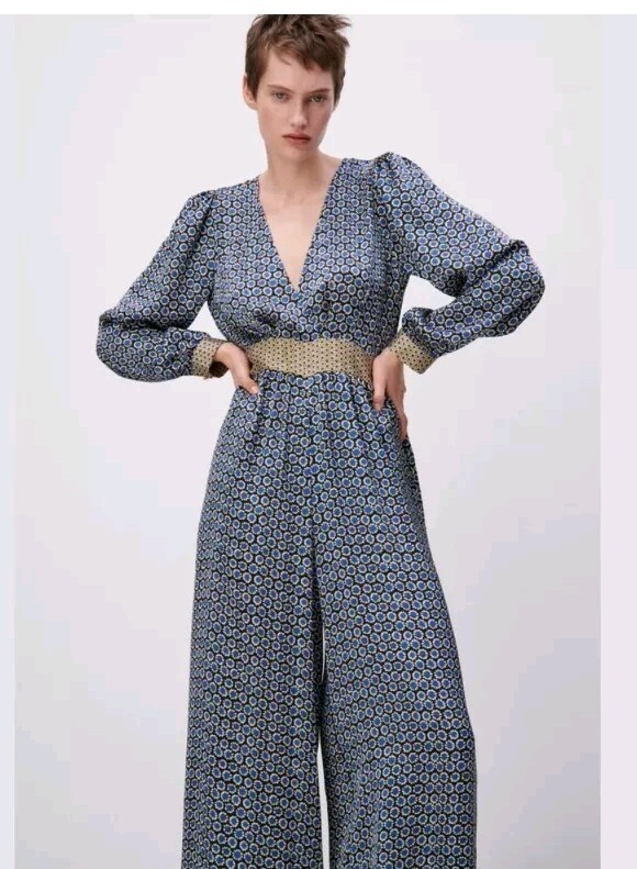 Zara Blue Geometric Print V-neckline Long Sleeves Jumpsuit Size Large 4387 289
