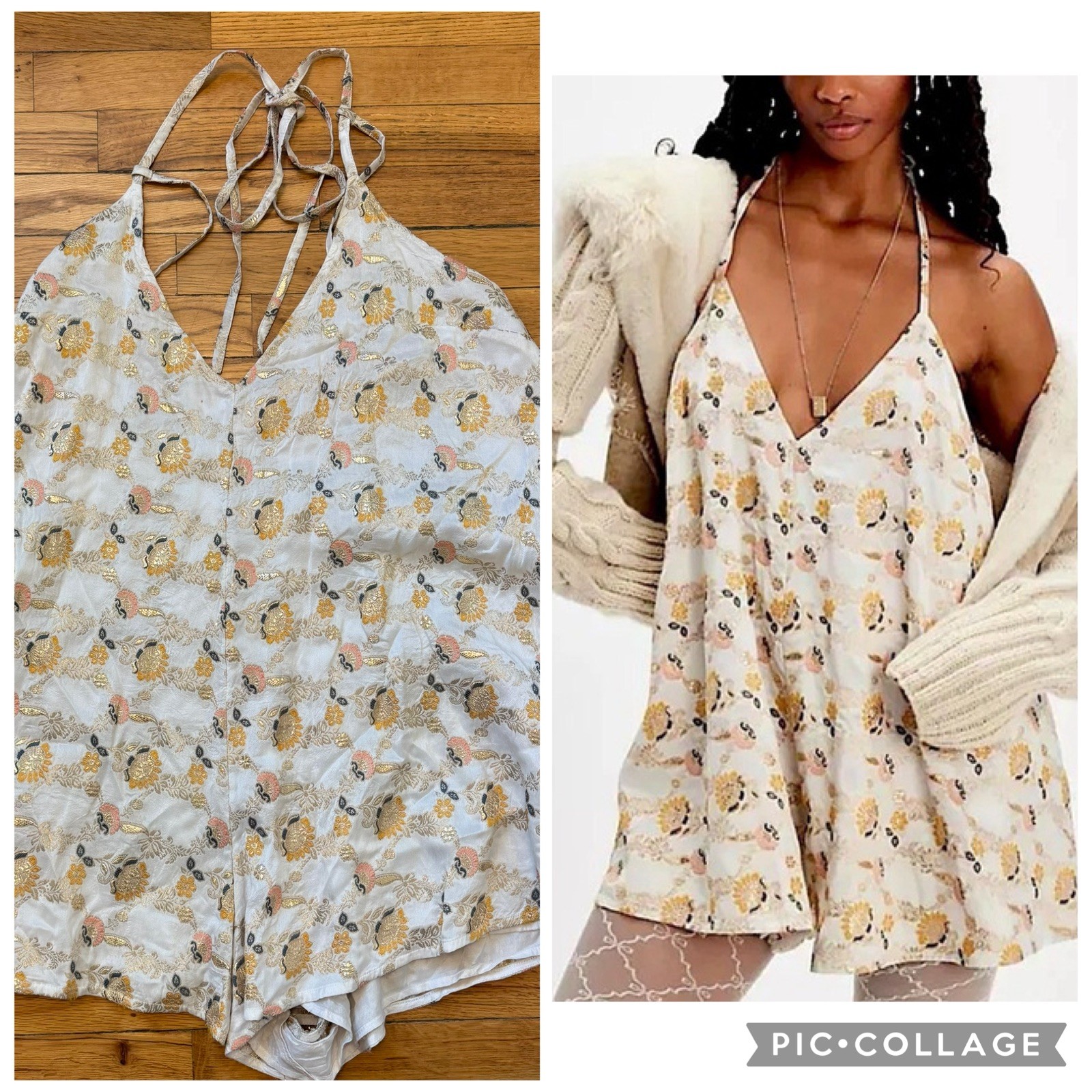 Free People Chiara Playsuit Floral Embroidered Romper Gold Ivory Size Large