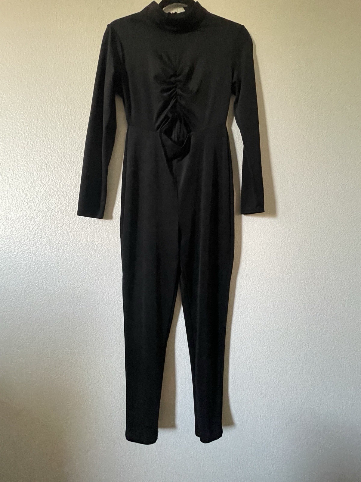 Women’s Black Mock Neck Long Sleeve Ruched Tie Front Zip Stretch Knit Jumpsuit S