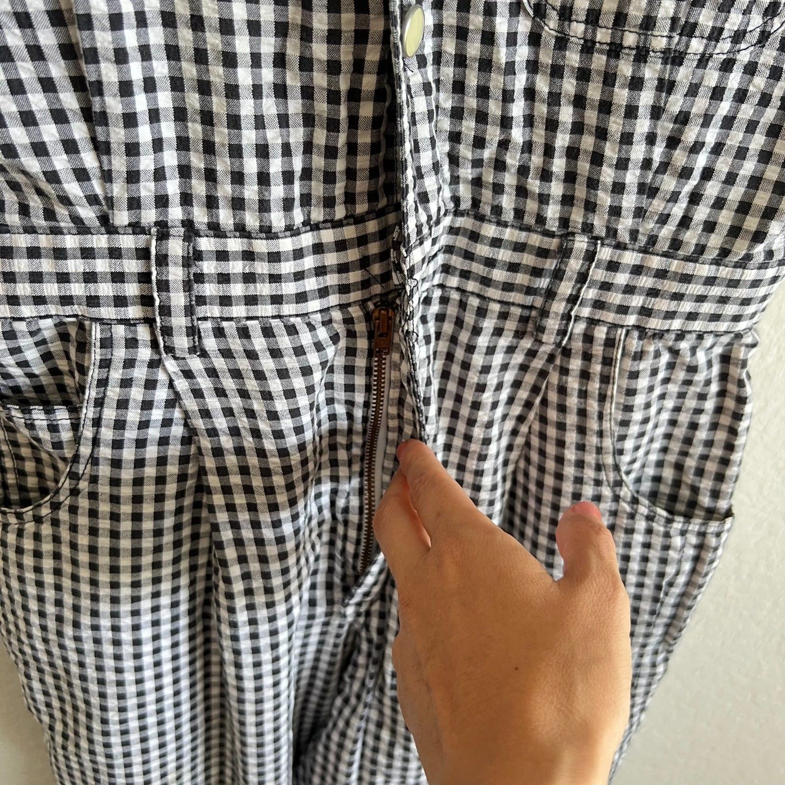 LIZ WEAR Vintage 90s Black White Gingham Short Sleeve Jumpsuit Womens 2 Petite
