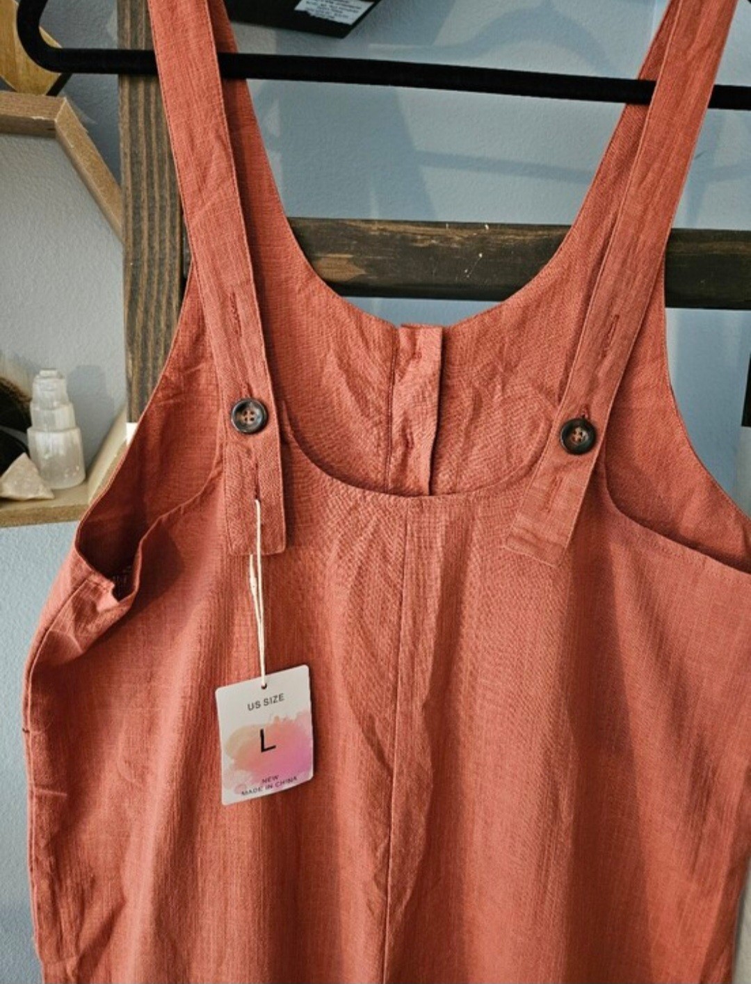 Fashion Rust Sleeveless Scoop Neck Button Front Jumpsuit Pockets Cotton Linen L
