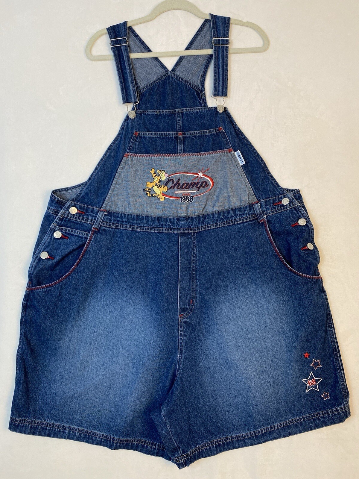 Vtg y2k Main Street Disney Champs 1968 22w/24w short overalls denim tigger pooh