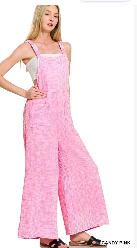Zenana Candy Pink Double Gauze Jumpsuit Overalls Size LARGE Comfy Wide Leg
