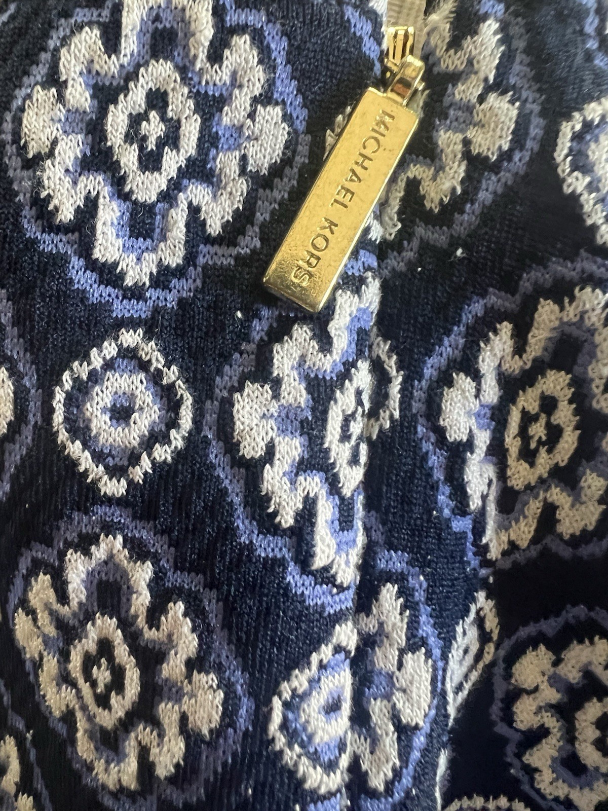 Michael Kors Blue White Geometric Print Dress Large Tie Waist Ruffle Hem
