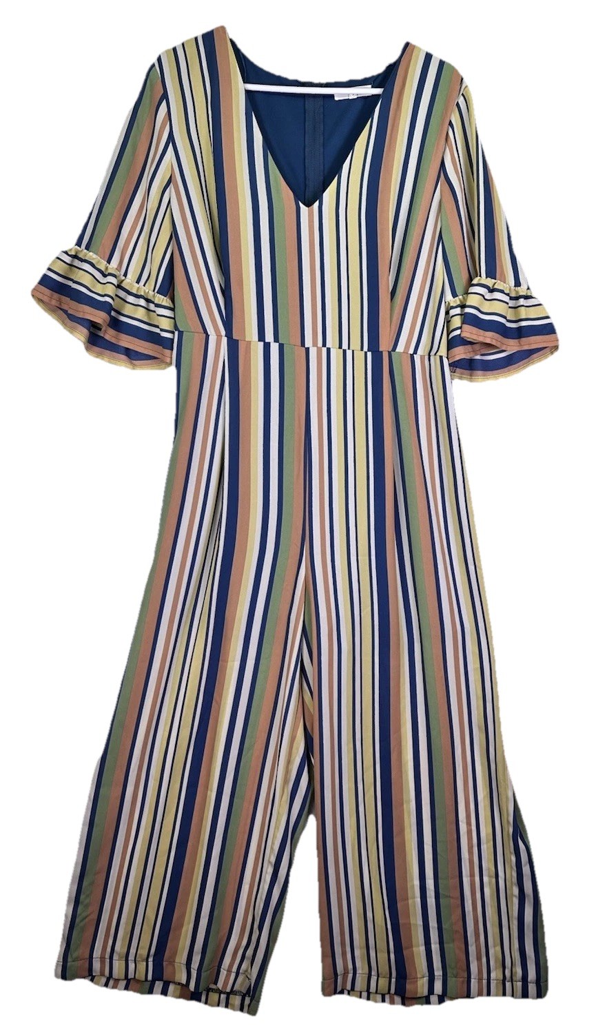 June & Hudson Womens Jumper XL Pantsuit Colorful Stripe Retro Wideleg Boho