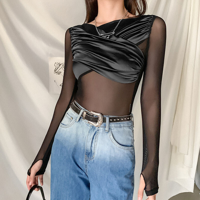 Ladies Fishnet Sheer Leotard One Piece Bodysuit Splice Long Sleeve Sexy Summer