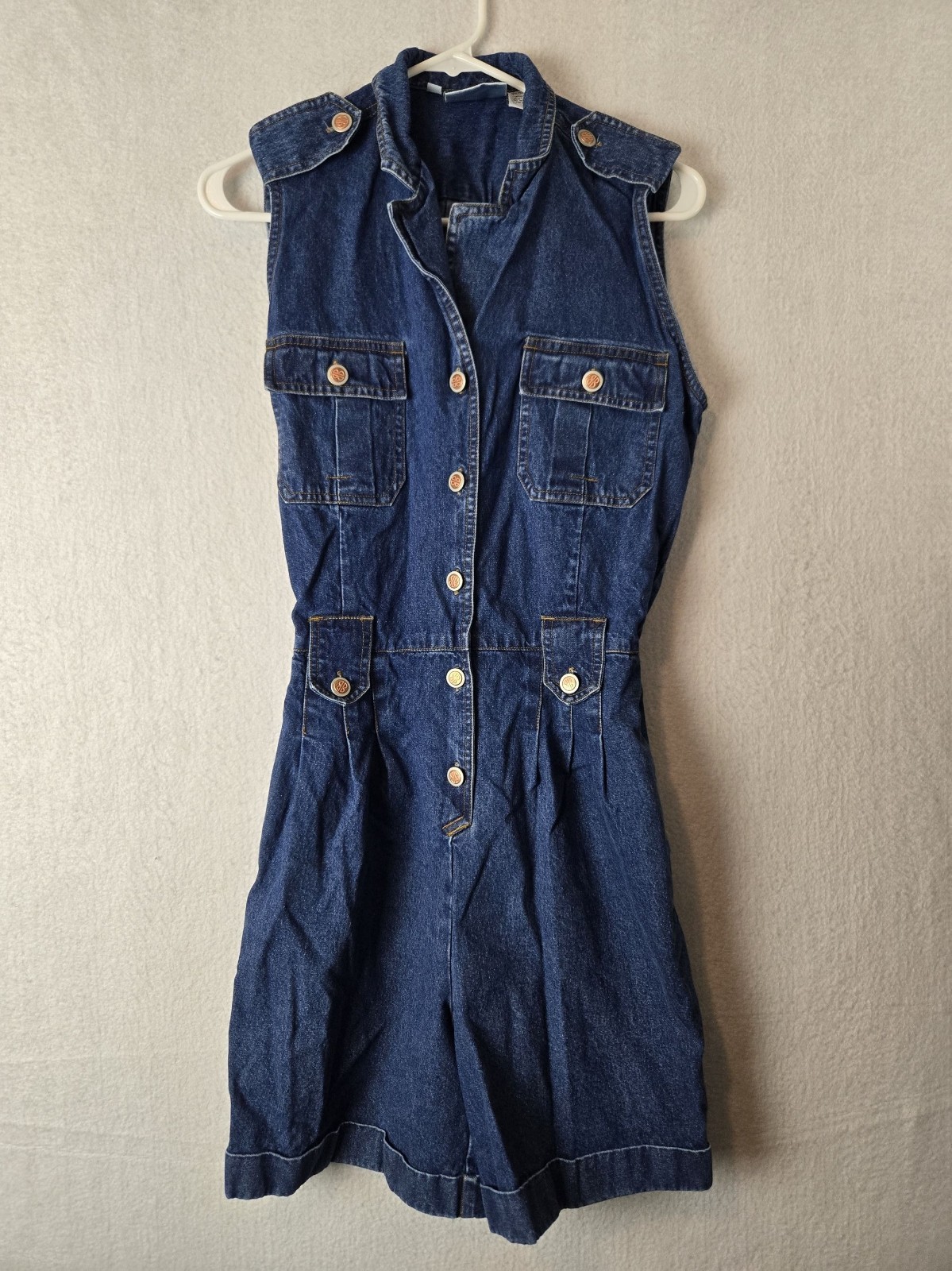 Bill Blass Denim Romper Sz S Sleeveless Button Up Pockets 100% Cotton