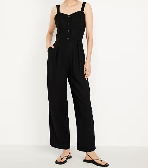 Old Navy NWT Most Popular BLACK Button-Front Linen-Blend Cami Jumpsuit – XS TALL
