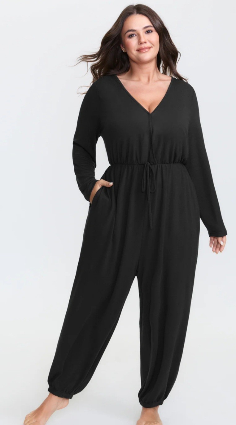 Bloomchic Women’s Elastic Waist Overlap Collar Lounge Jumpsuit Black Size 14-16