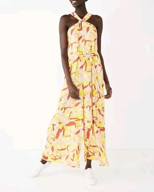 Abstract Plumeria Womens Nine West Crisscross Neck Wide Leg Jumpsuit NWT Size XL