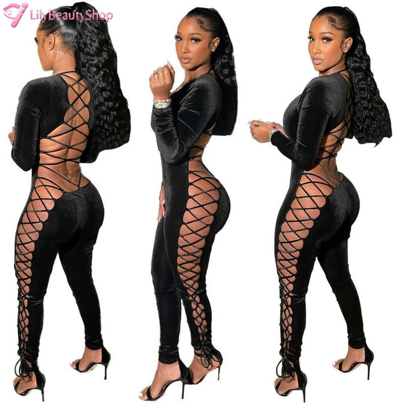 Sexy New Women Long Sleeves Hollow Out Bandage Patchwork Solid Club Jumpsuit