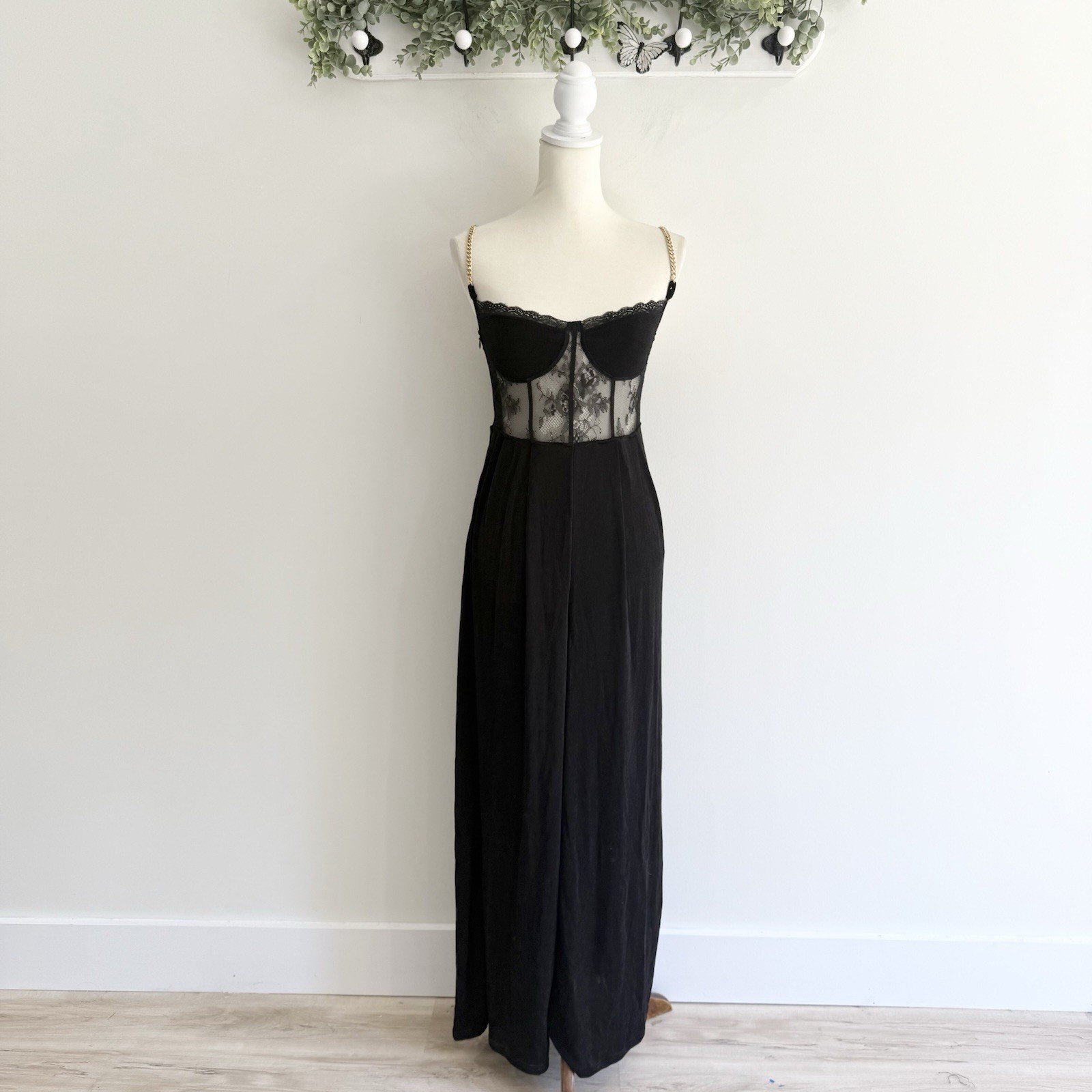 CIDER goth Black Gold Chain Strap Lace Corset Bust Wide Leg Jumpsuit Small