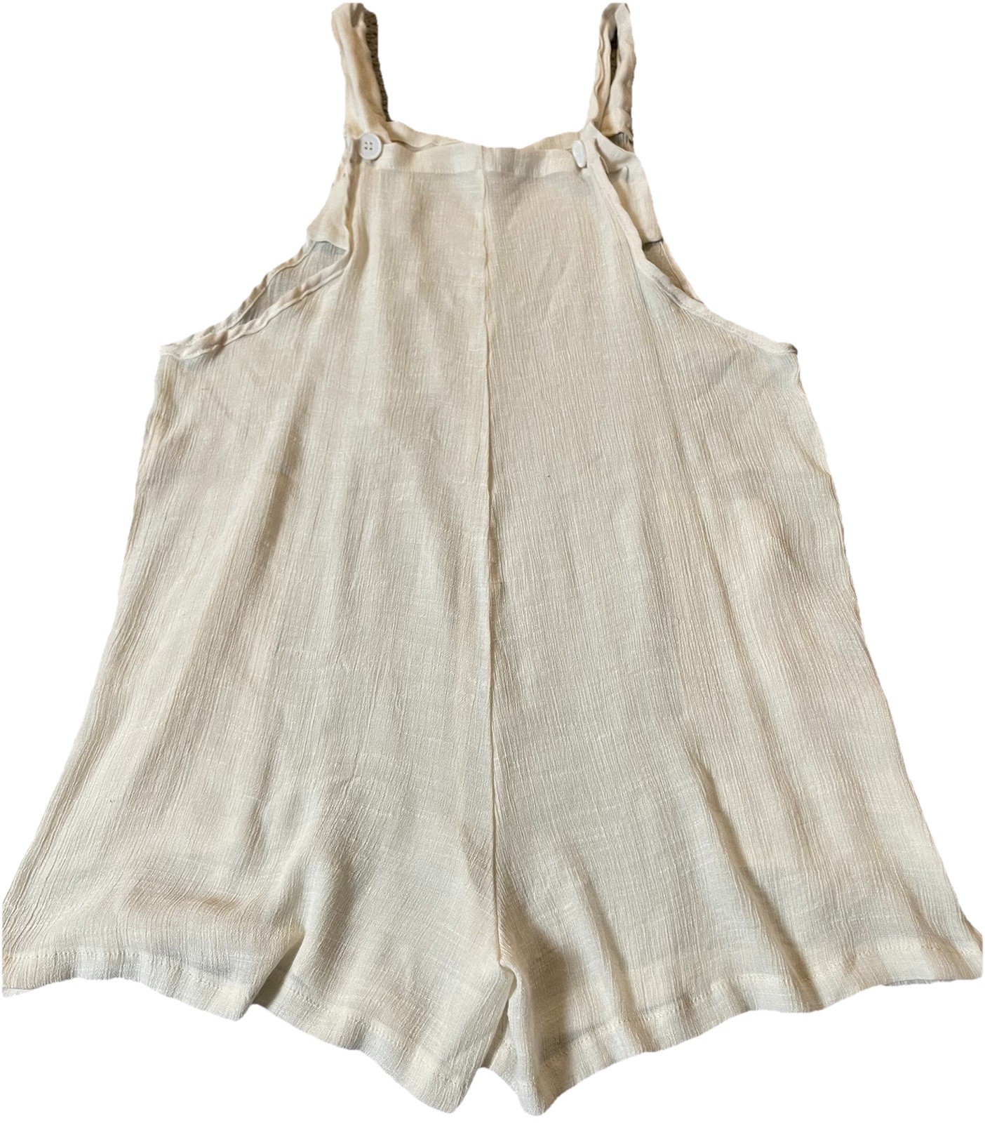 Y2K White Crinkly Sheer Romper Overalls M Button Strap Pockets Beach Coastal