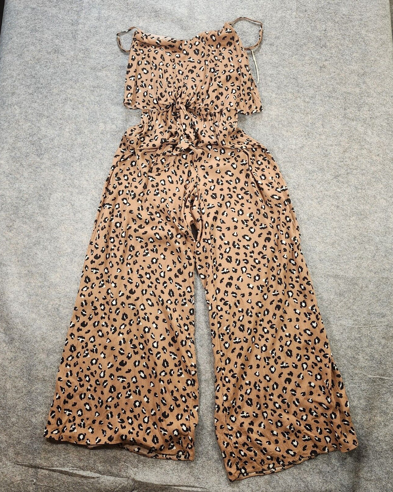 Mustard Seed Jumpsuit Women Small Allover Leopard Print Wide Leg V Neck Elastic