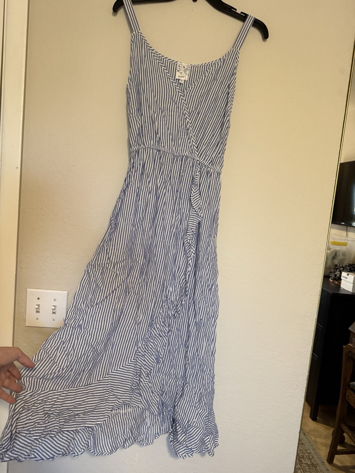 Womens Striped Maxi Dress Sundress Spaghetti Straps Navy Blue Rayon Size Medium