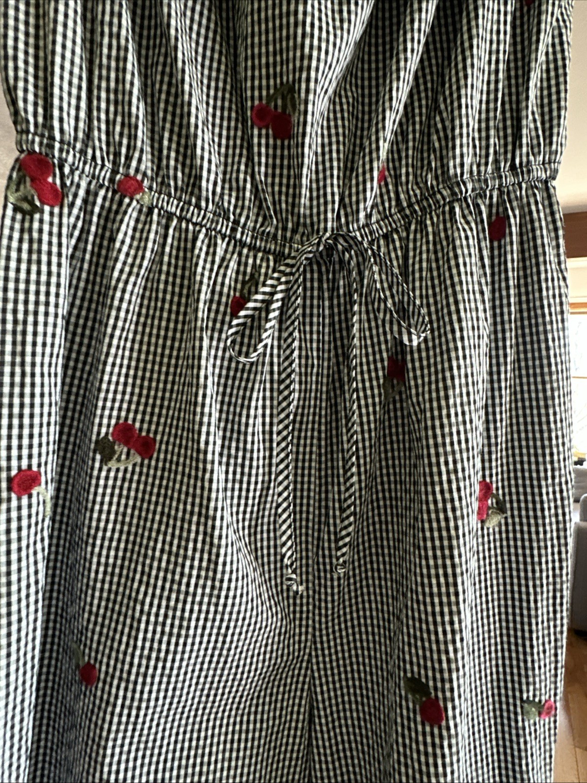 VTG Amazing Cherry Embroidered Jumpsuit Wide Leg 12” Tie Sz M On/off Shoulder