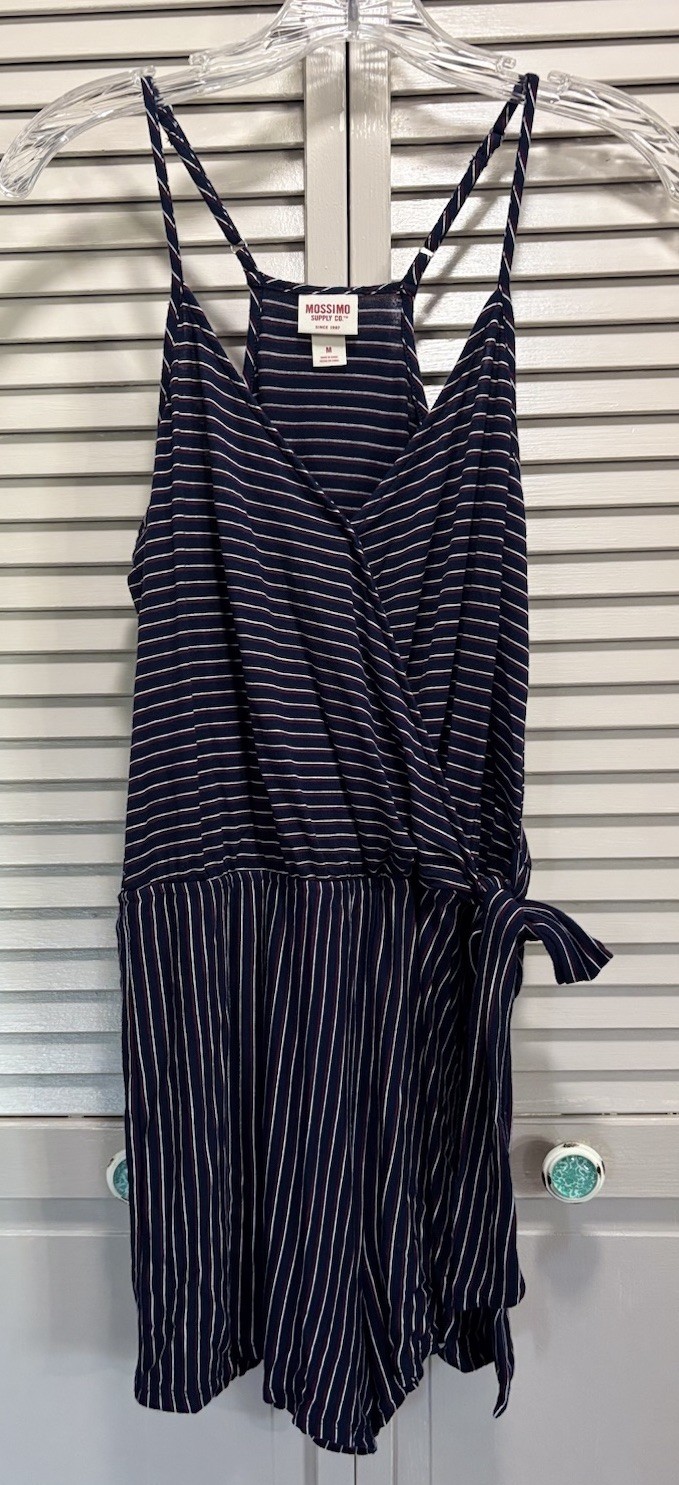 Mossimo Blue/White Striped Romper Adj Straps Size M Elastic/Tie Waist V Neck