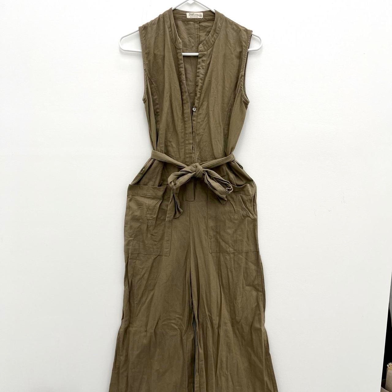 Just Living Size XS Khaki Linen Blend Jumpsuit Relaxed One Piece With Pockets