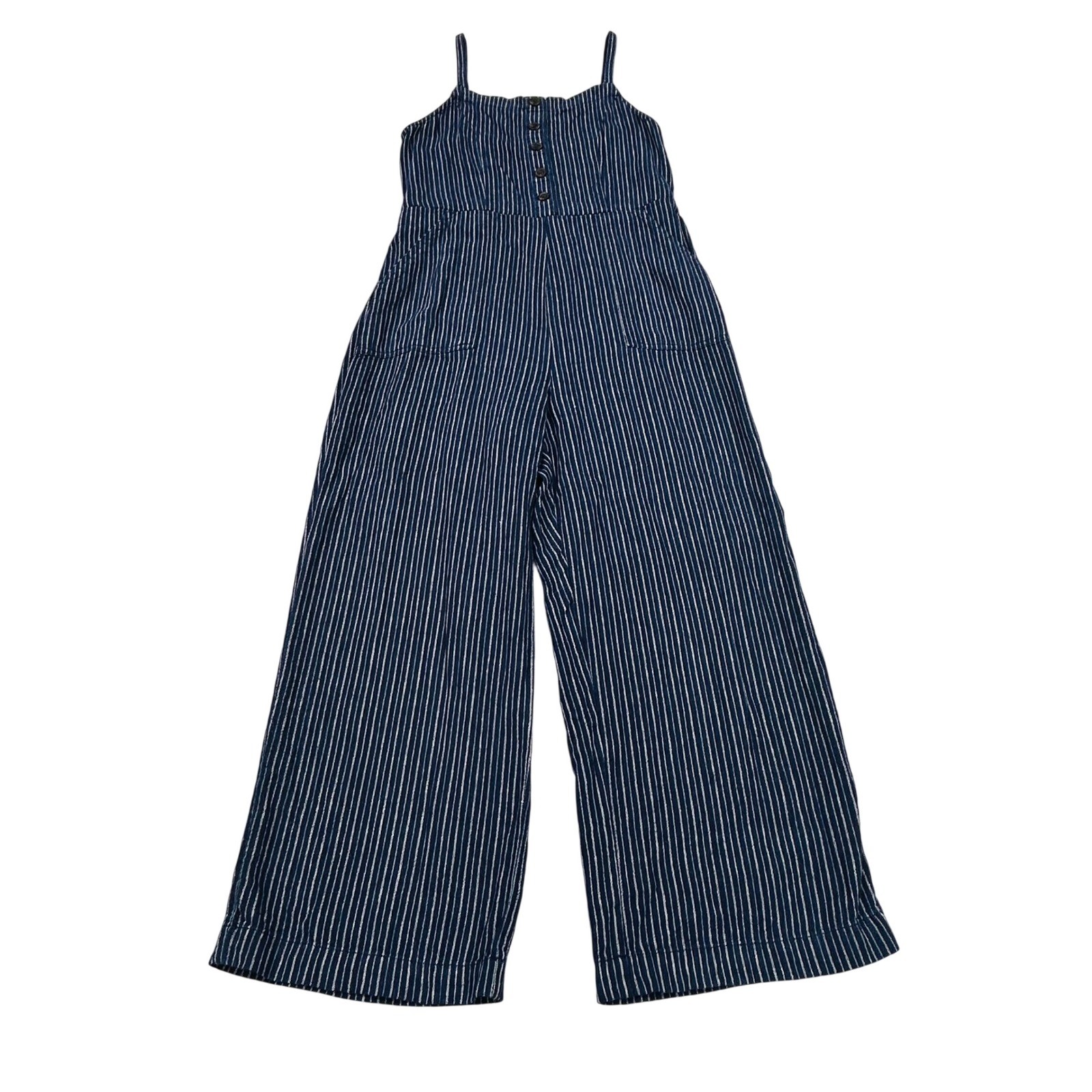 Navy Linen Jumpsuit Womens Small Blue White Stripe Wide Leg Cropped Coastal Chic