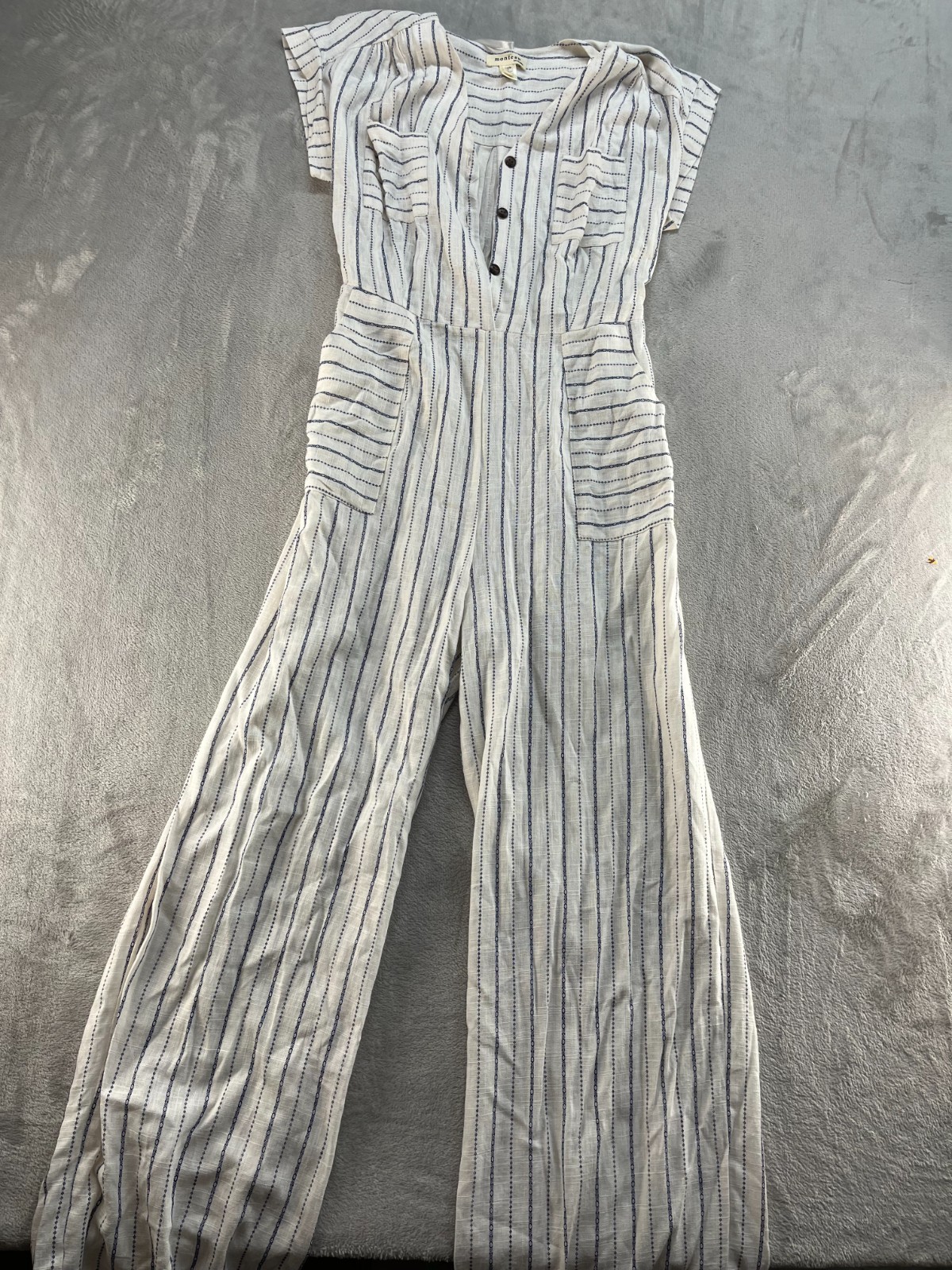 Monteau Los Angeles Linen Blend Wide leg Beige jumpsuit Womens L pockets Boho