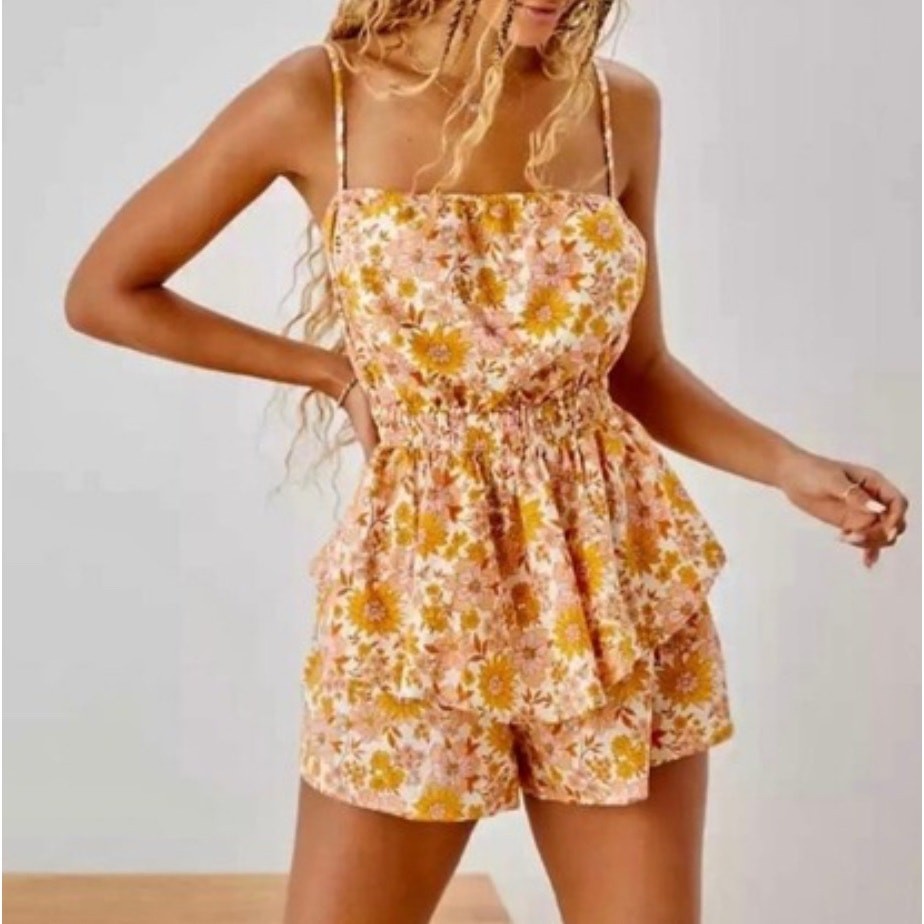 American Eagle Women’s Retro Floral Ruffle Romper Size M Pink/Yellow Tie Back