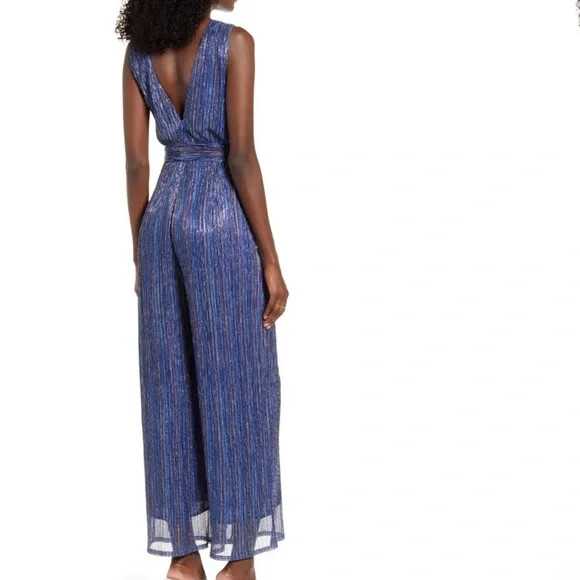Women’s 4Si3Nna Lorraine Metallic Sleeveless Wide Leg Jumpsuit, Size Small – Blu