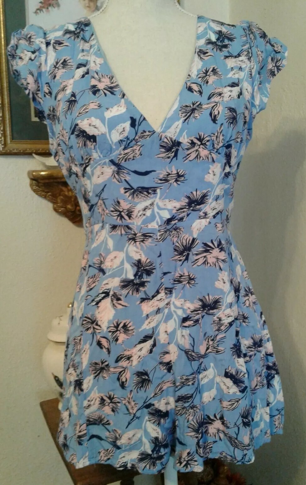 Flying Tomato Womens Large Romper Blue Pink Floral Smocking Tie Button Closure