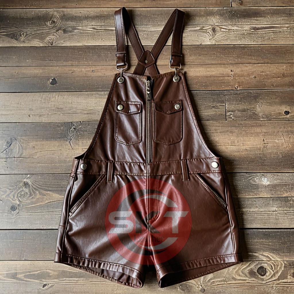 Women’s Genuine Soft Leather Overall Bib Pocket Romper Short Jumpsuit Party Club