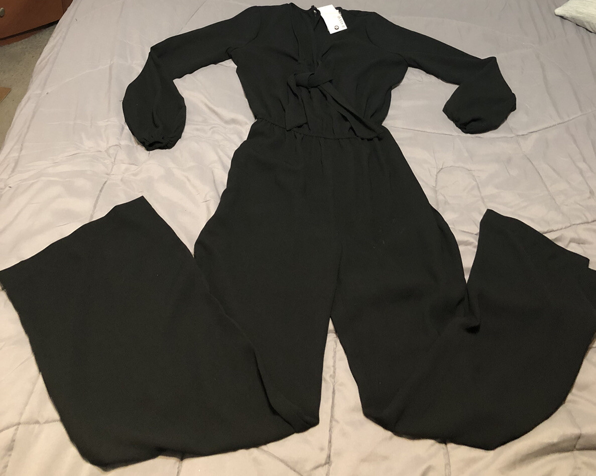 JustFab L/S Jumpsuit w/Tie – Elastic Waist – Black – Size S TALL