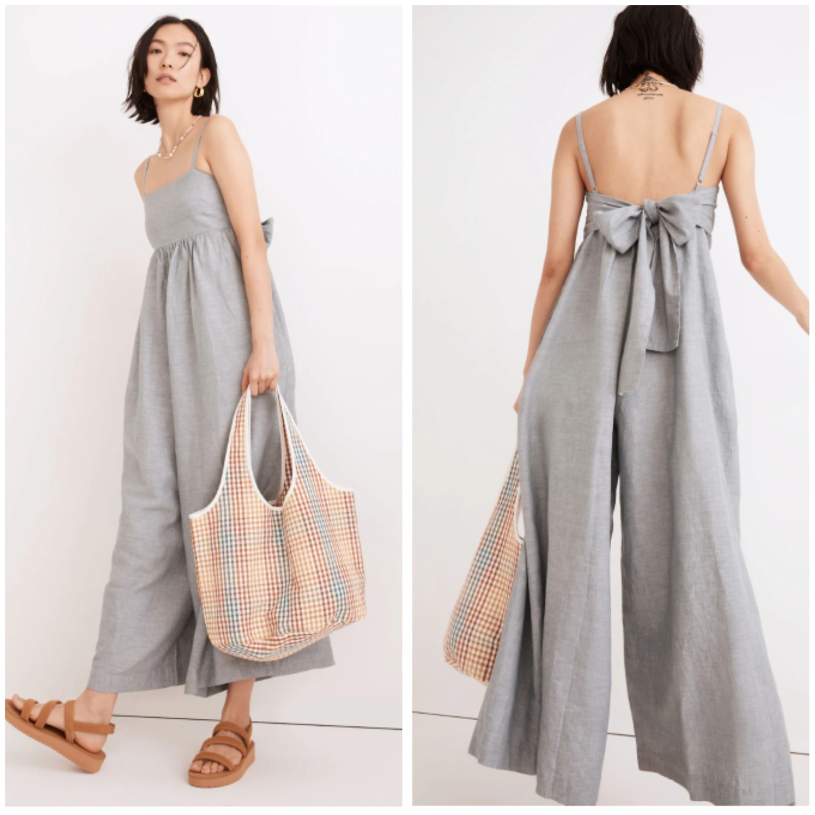 Madewell Linen Blend Tie Back Wide Leg Jumpsuit Size 4 Faded Shale Strappy
