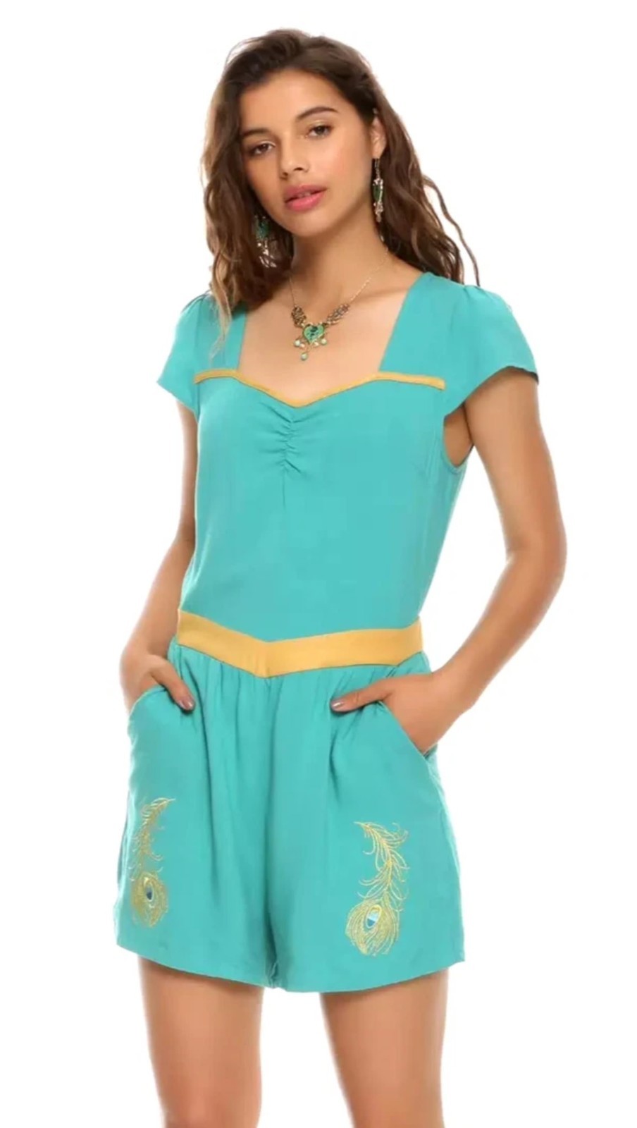 Her Universe Disney Aladdin Jasmine Romper 2X Teal Gold Peacock Cosplay Retro
