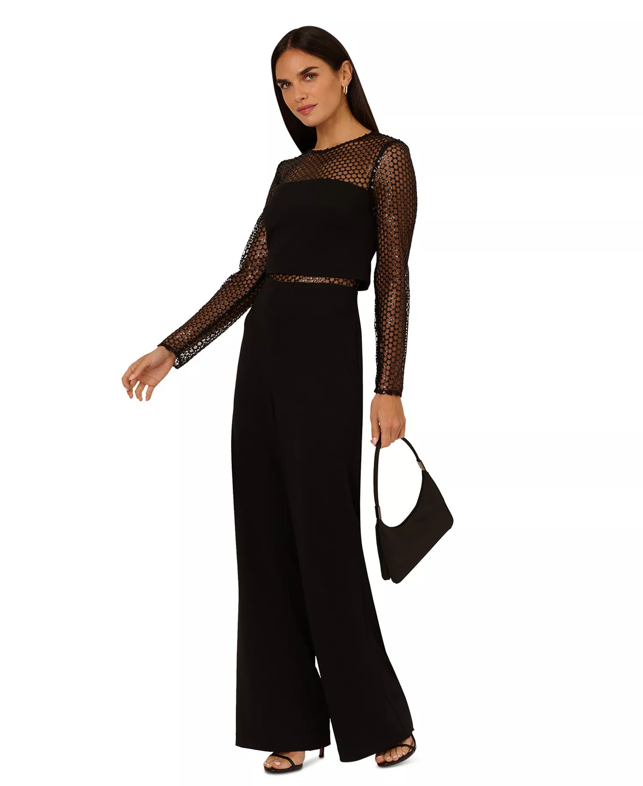 Adrianna Papell Formal Jumpsuit Sequin Mesh Wide Leg Womens 12 Black FLAW