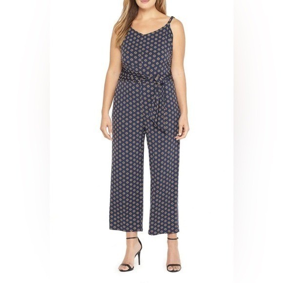 The Limited Navy Geometric Print Wide Leg Jumpsuit Size S Sleeveless Belted