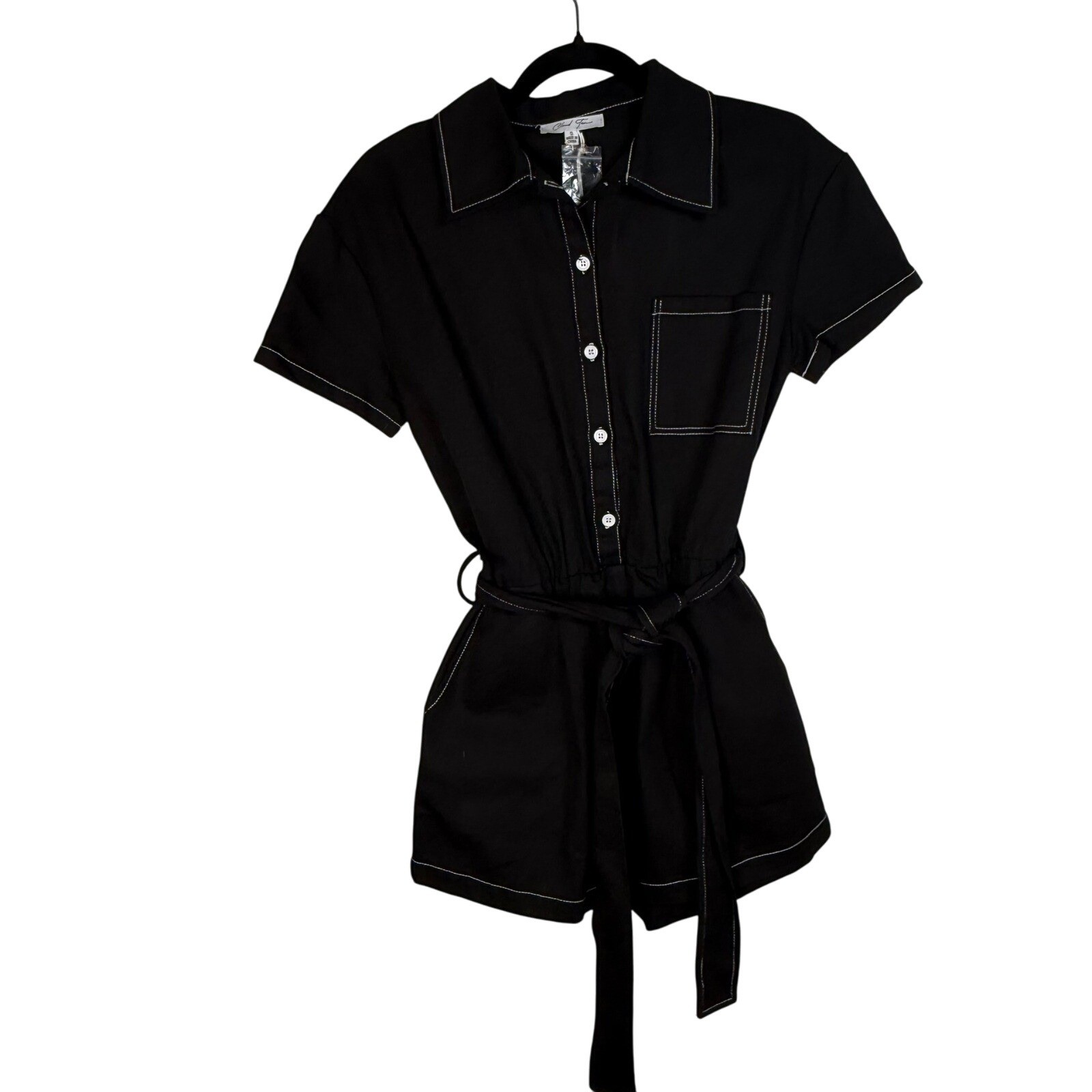 Cloud Ten Women’s Romper Black Short Sleeve Collared with Belt Size S